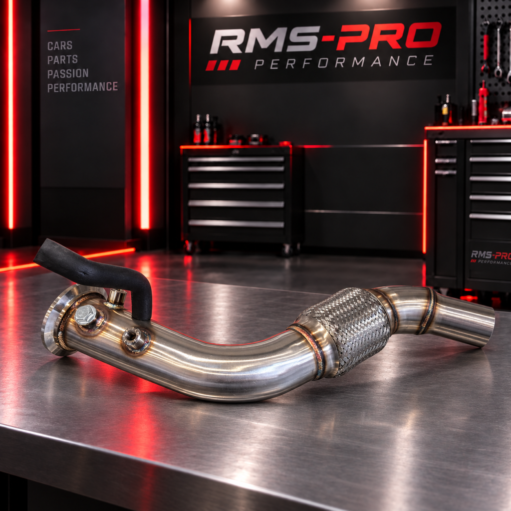 Downpipe inox BMW M57N2 RMS-0005 avec flexible et tuyau noir, sur établi RMS-PRO