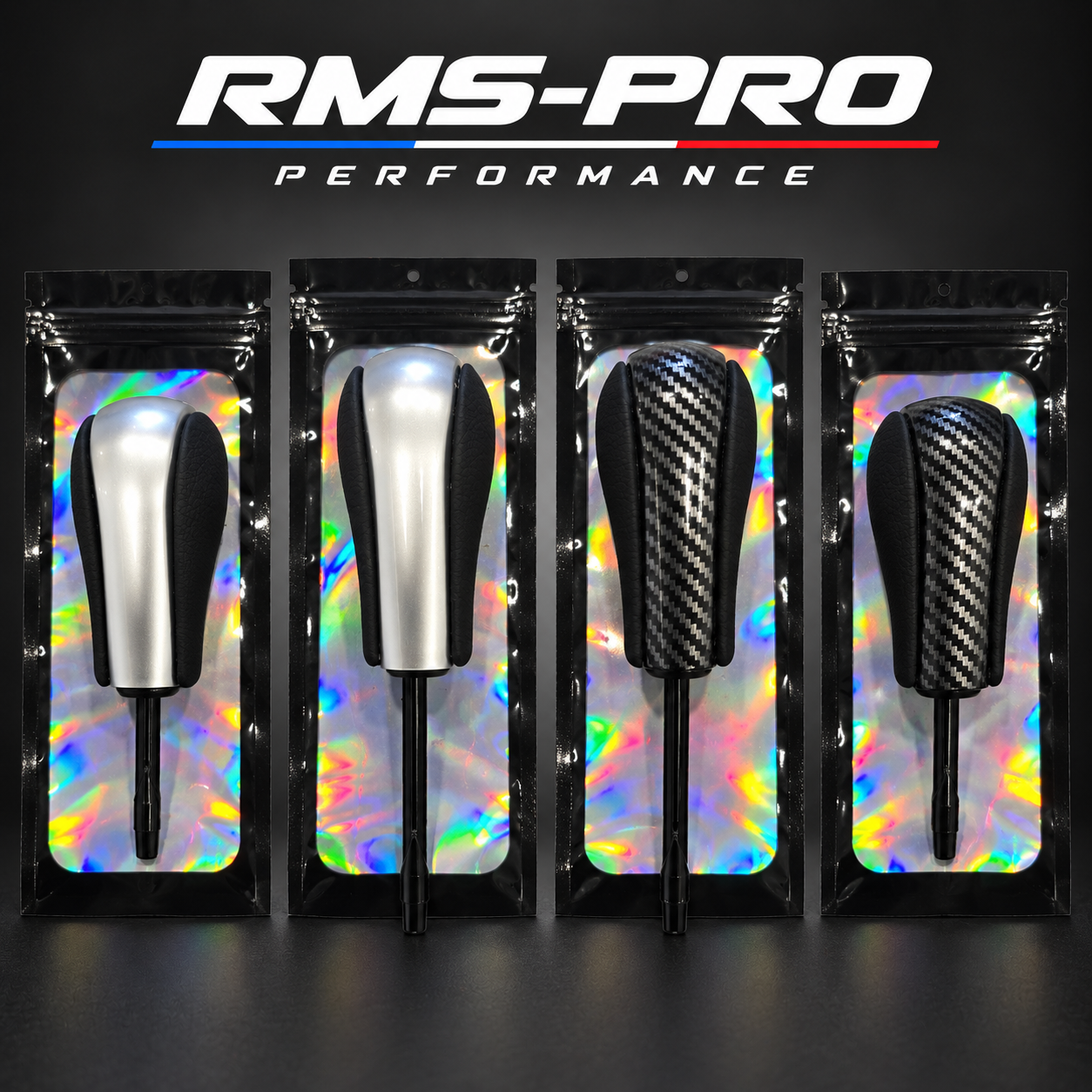 Les quatre pommeaux BMW : argent 55 mm, argent 85 mm, effet carbone 85 mm, effet carbone 55 mm